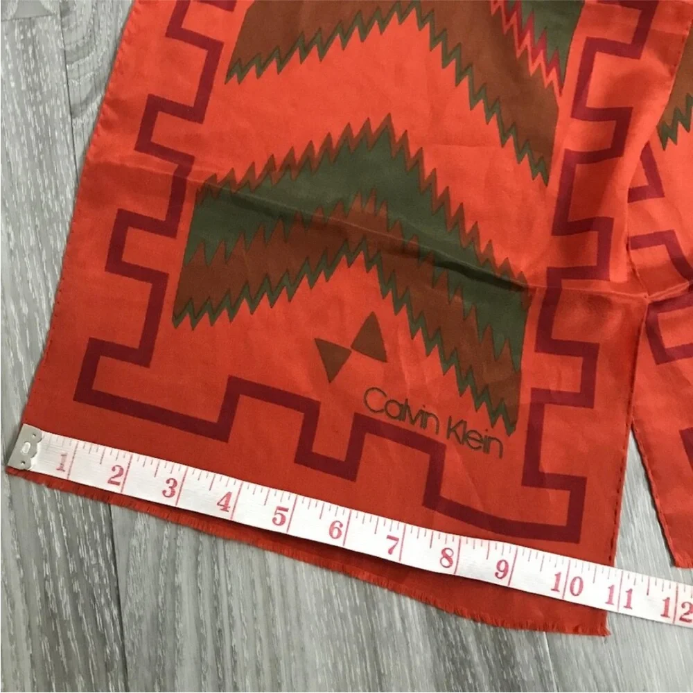 Vtg CALVIN KLEIN SCARF 100% SILK ORANGE RECTANGLE WRAP NATIVE AMERICAN GEO